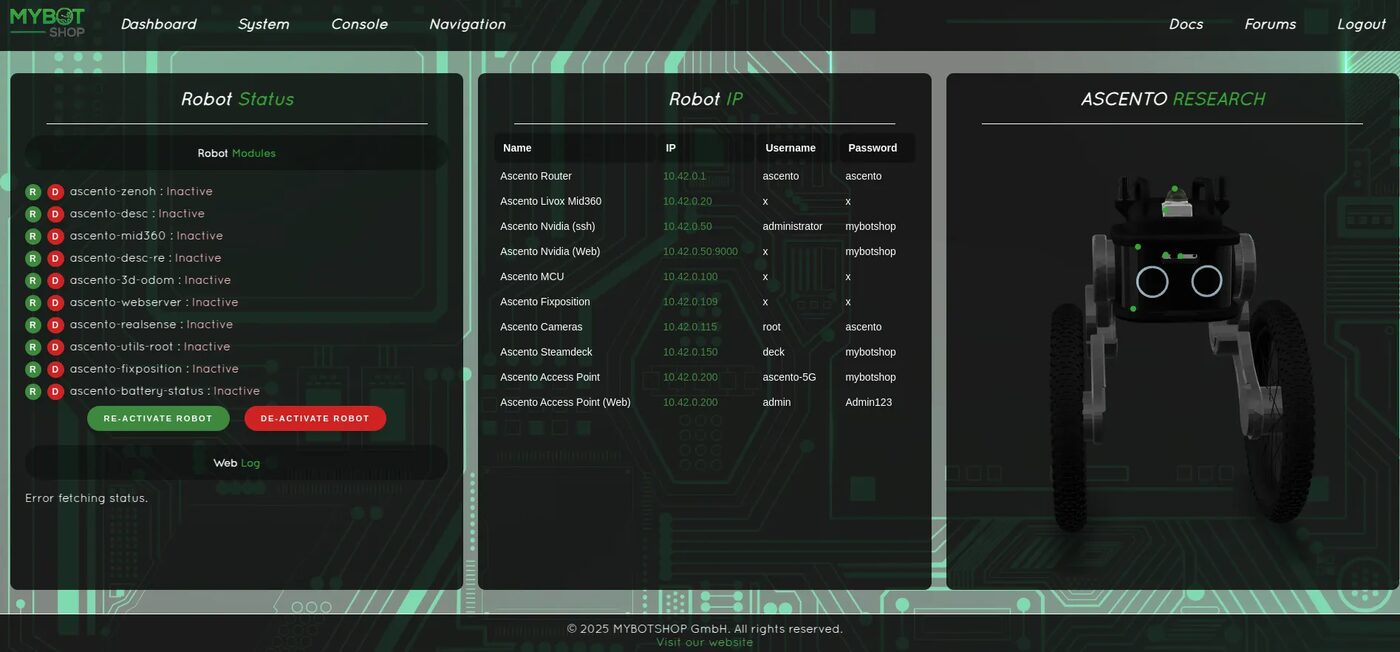 Ascento onboard webserver dashboard showing robot module status, network IP table and a 3D robot render