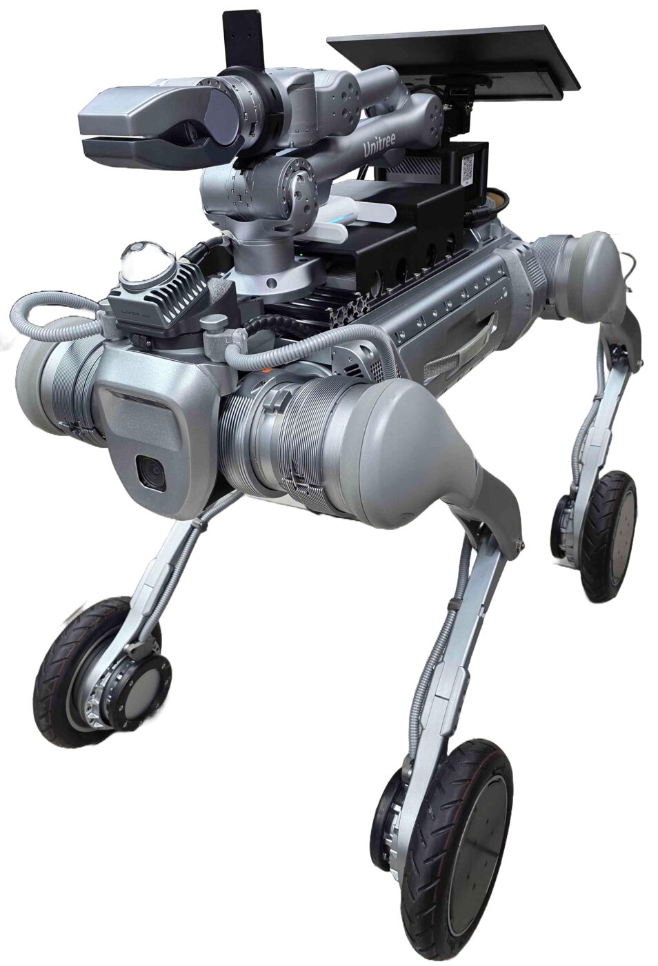 QRE Advanced B2-W Manipulator: B2-W wheeled quadruped with mounted Unitree Z1 6-DOF arm, gripper, monitor and LiDAR