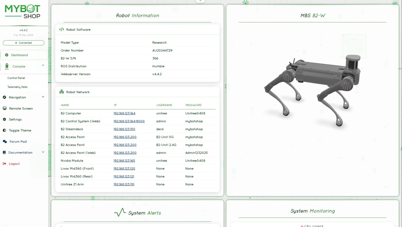B2 MYBOTSHOP webserver dashboard showing robot information, ROS distribution, and full network/IP/credential table