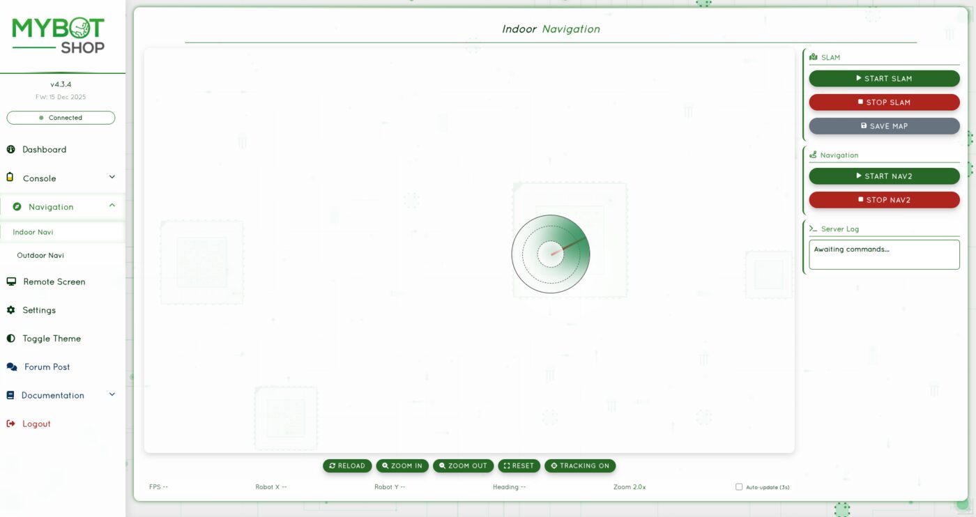 B2 webserver indoor navigation panel with SLAM start/stop, Nav2 start/stop and live map view