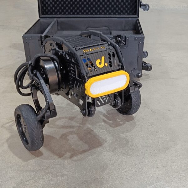 Diablo robot packed in its padded flight case for transport