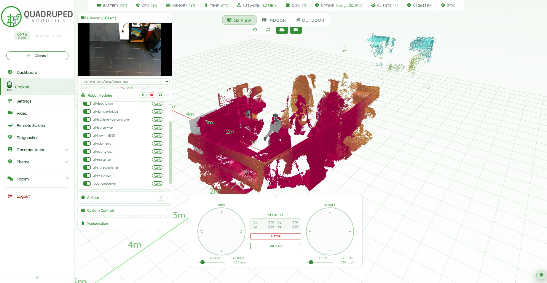 MYBOTSHOP webserver Cockpit on the G1: live point cloud, camera tile, robot module toggles, drive and strafe pads with E-STOP and E-RELEASE