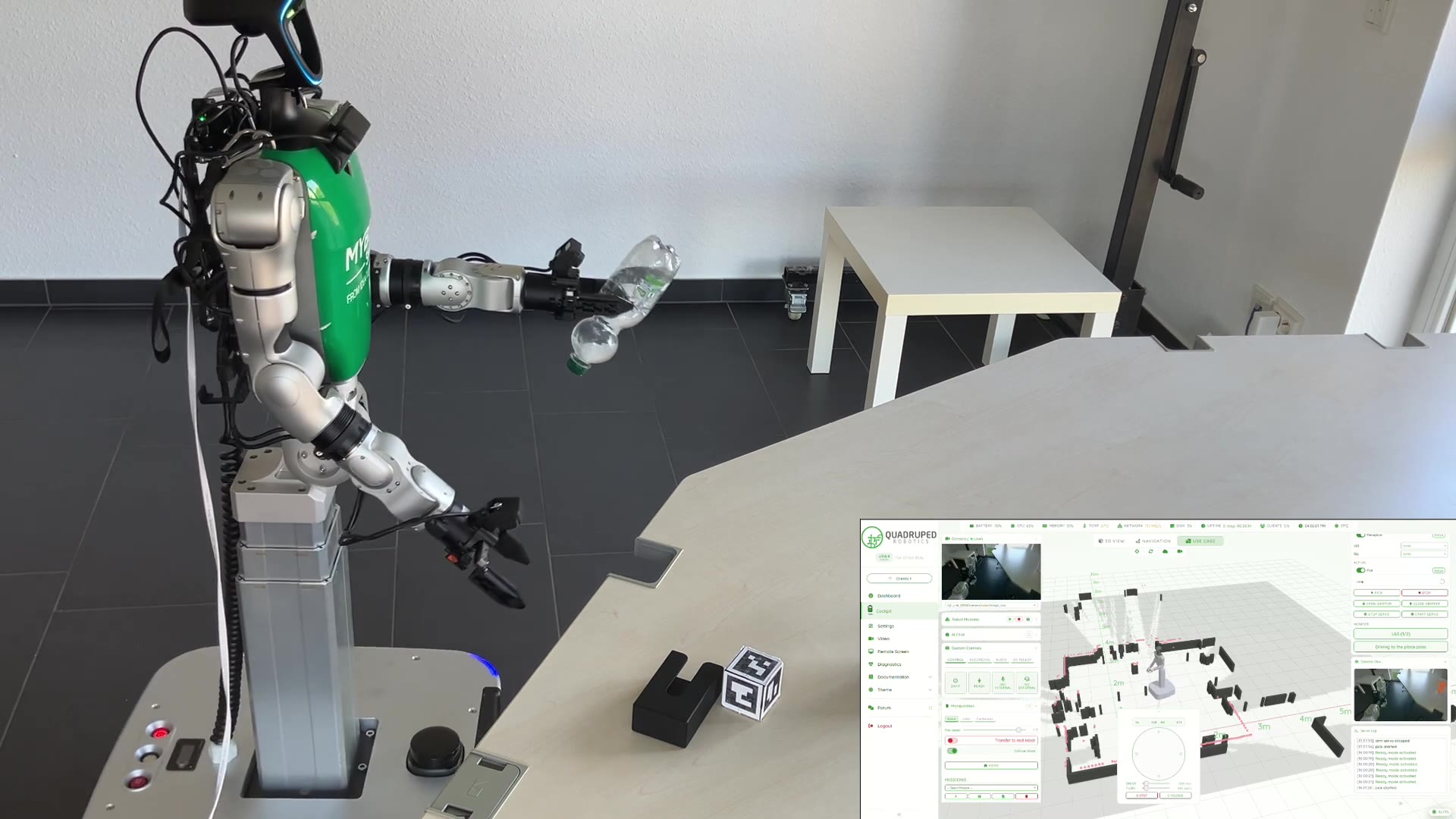 Unitree G1-D holding a bottle during a pick-and-place run, with the MYBOTSHOP webserver shown in the corner