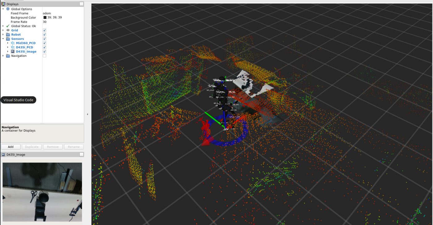 H1 point cloud and D435i camera feed visualized live in RViz2