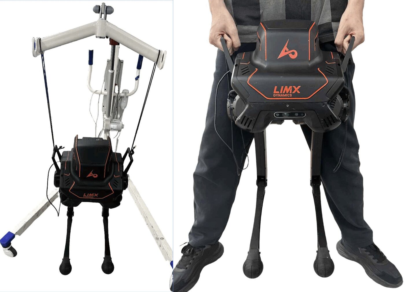 LimX P1 supported on a hanging bracket, lift-up posture